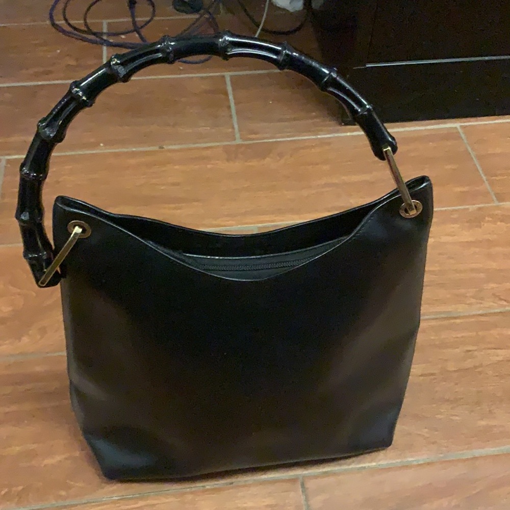 vintage GUCCI black calfskin leather‎ Bamboo handle shoulder hobo tote bag - Picture 9 of 12